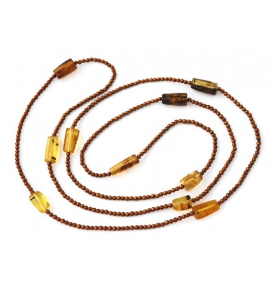 Hematite and Mexican amber double-length necklace