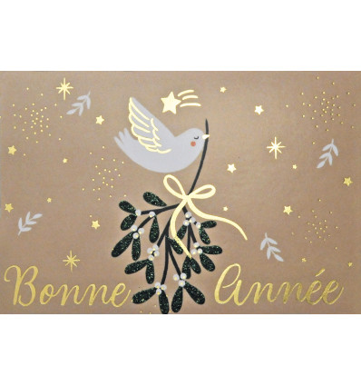 CP BONNE ANNEE COLOMBE ET GUI FOND BEIGE