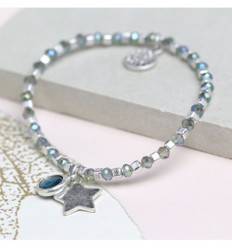 Silver cube bead and blue crystal bracelet with star