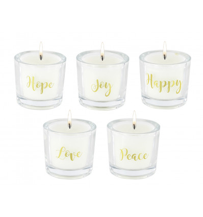 BOUGIES HOPE HAPPY JOY LOVE PEACE  LOT DE 5 ASSORTIS