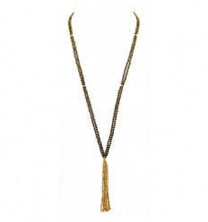 SAUTOIR SISSI DOUBLE NOIR ET OR AV FRANGE PERLES DOREES