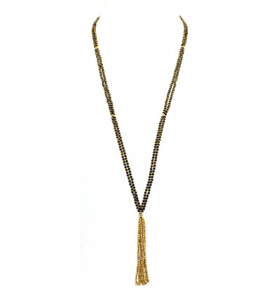 SAUTOIR SISSI DOUBLE NOIR ET OR AV FRANGE PERLES DOREES